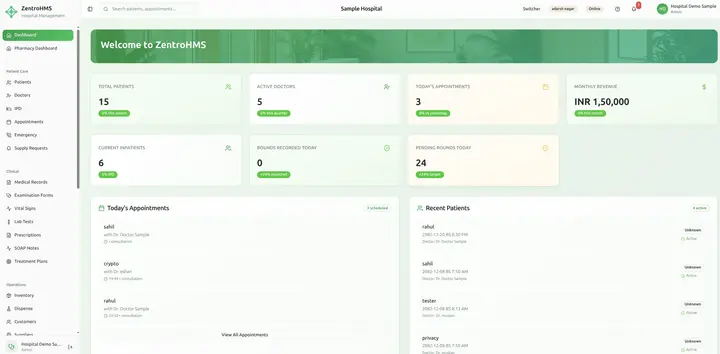ZentroHMS hospital and clinic dashboard preview